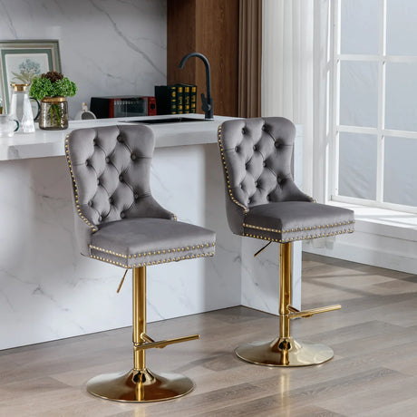 Counter Stools Tufted Velvet Back Swivel Gold Base Gray - Furniture Home Direct