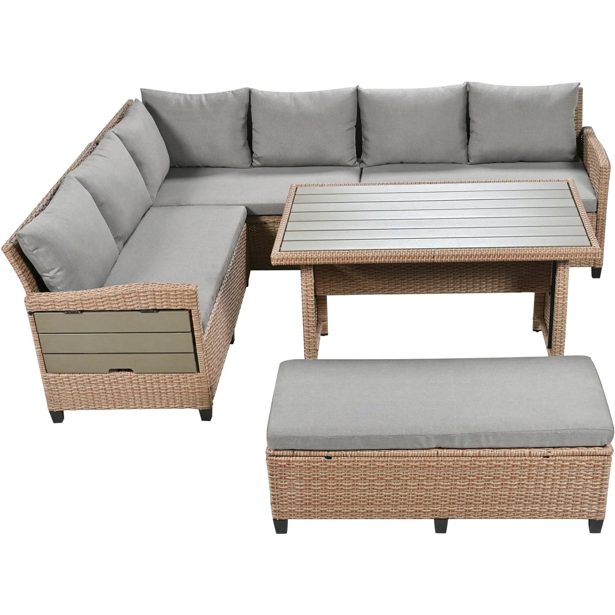 Outdoor Sectional with 2 Extendable Side Tables and Washable Covers - Brown - Furniture Home Direct