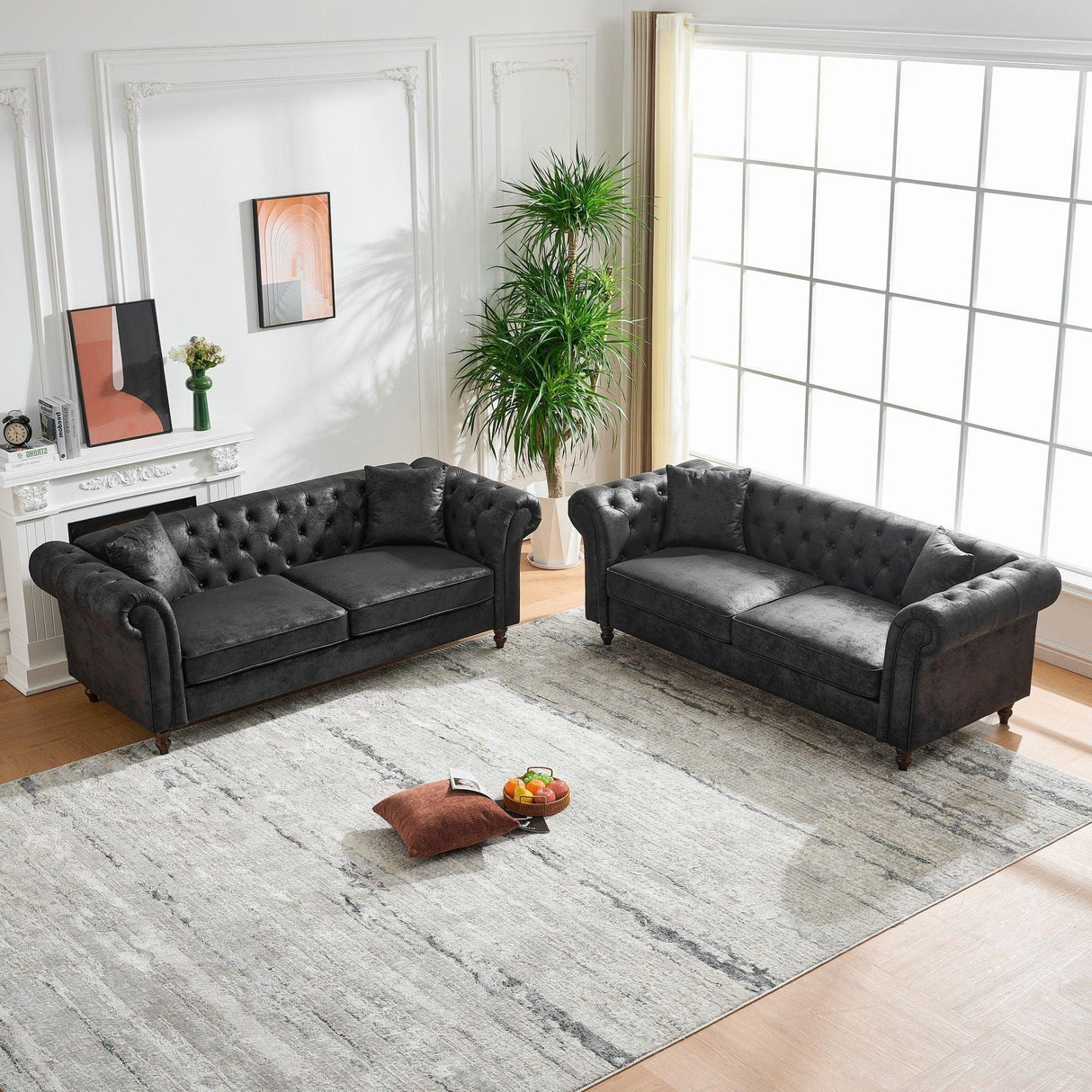 Chesterfield 3 And 3 Seater Sofa Set High Tech Fabric Roll Armrest Upholstered Couch - Furniture Home Direct