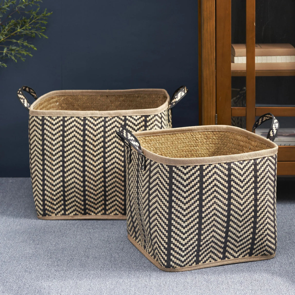Square Palm Leaf Woven Wicker Storage Basket With Handles (Set of 2) - Back / Brown - Furniture Home Direct