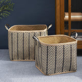 Square Palm Leaf Woven Wicker Storage Basket With Handles (Set of 2) - Back / Brown - Furniture Home Direct