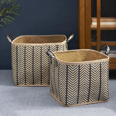 Square Palm Leaf Woven Wicker Storage Basket With Handles (Set of 2) - Back / Brown - Furniture Home Direct