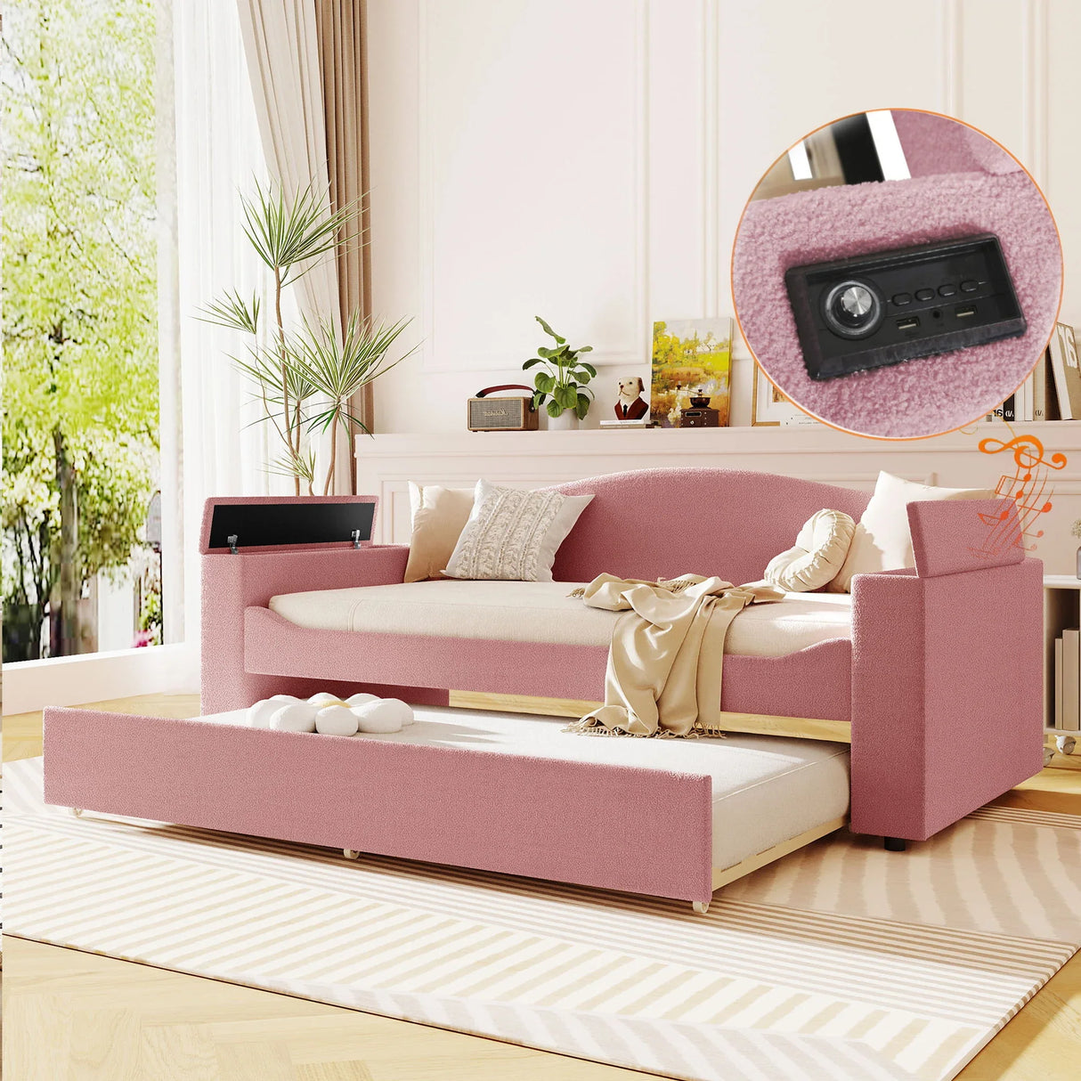 Upholstered Daybed With Storage Armrests, Trundle And Latest Integrated Bluetooth Audio System - Furniture Home Direct