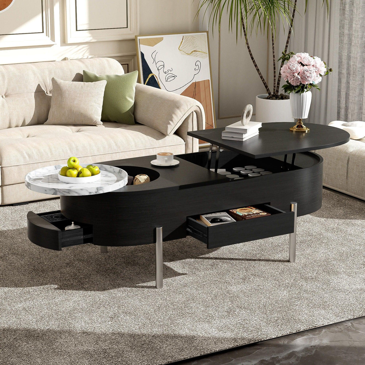Lift Top Coffee Table With 360 Degree Marble Patterned Rotating Tray - Furniture Home Direct