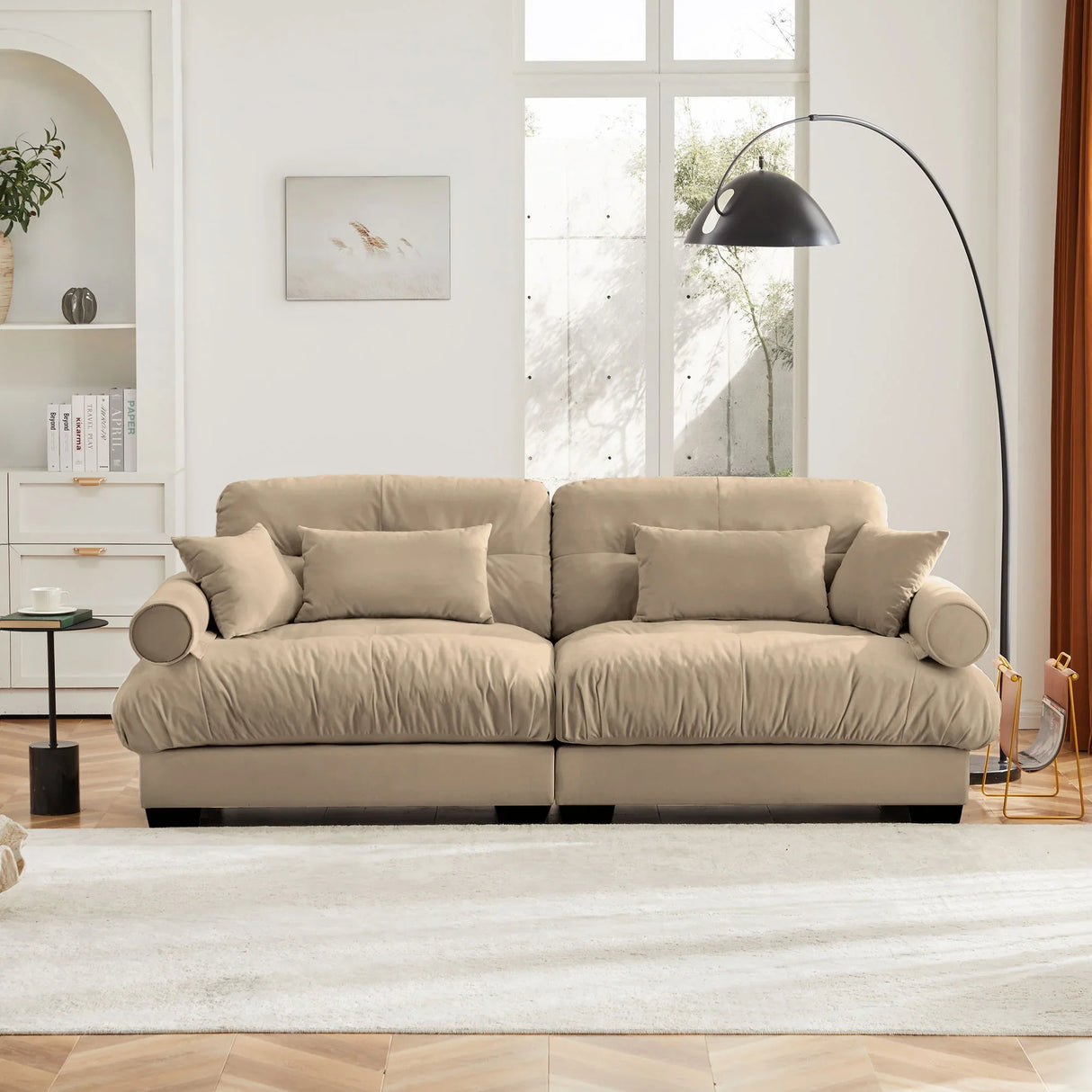 Modern Velvet Sofa With Bolstered Armrests And Pillows - Furniture Home Direct
