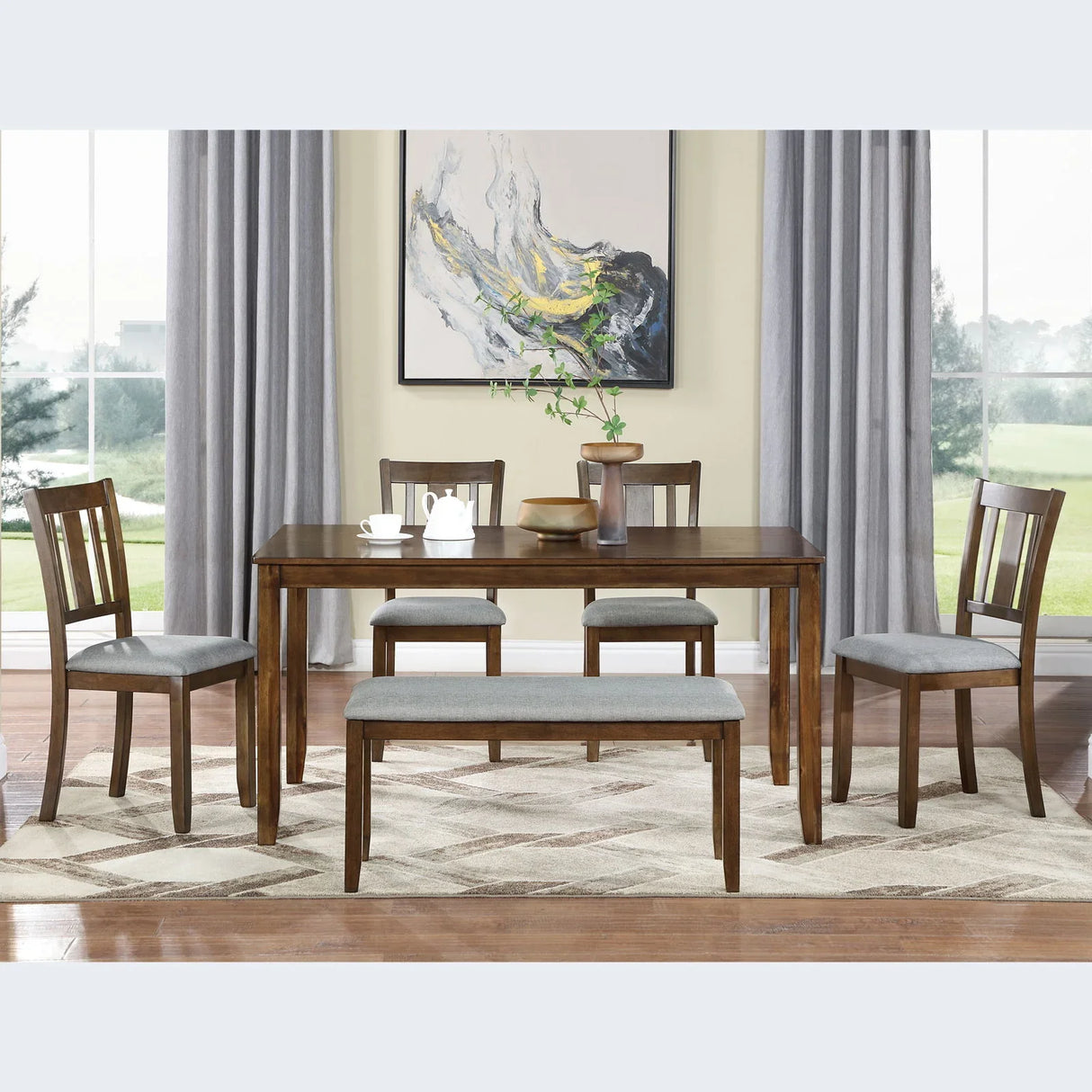 6 Pieces Kitchen Dining Set, Rectangular Wooden Dining Table With 4 Upholstered Chairs And A Bench - Furniture Home Direct