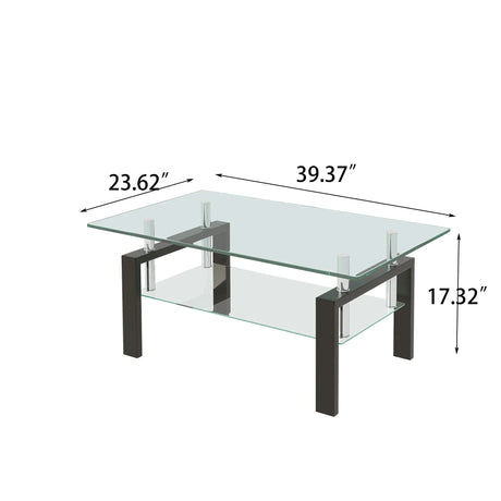 Tempered Clear Glass Coffee Table, 2-Layers Coffee Table Living Room Center Table - Black - Furniture Home Direct