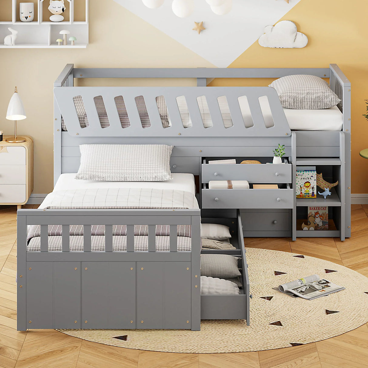 Loft Platform Bed With 7 Drawers And Full Guardrails, Modern L Shaped Space Savin - Furniture Home Direct