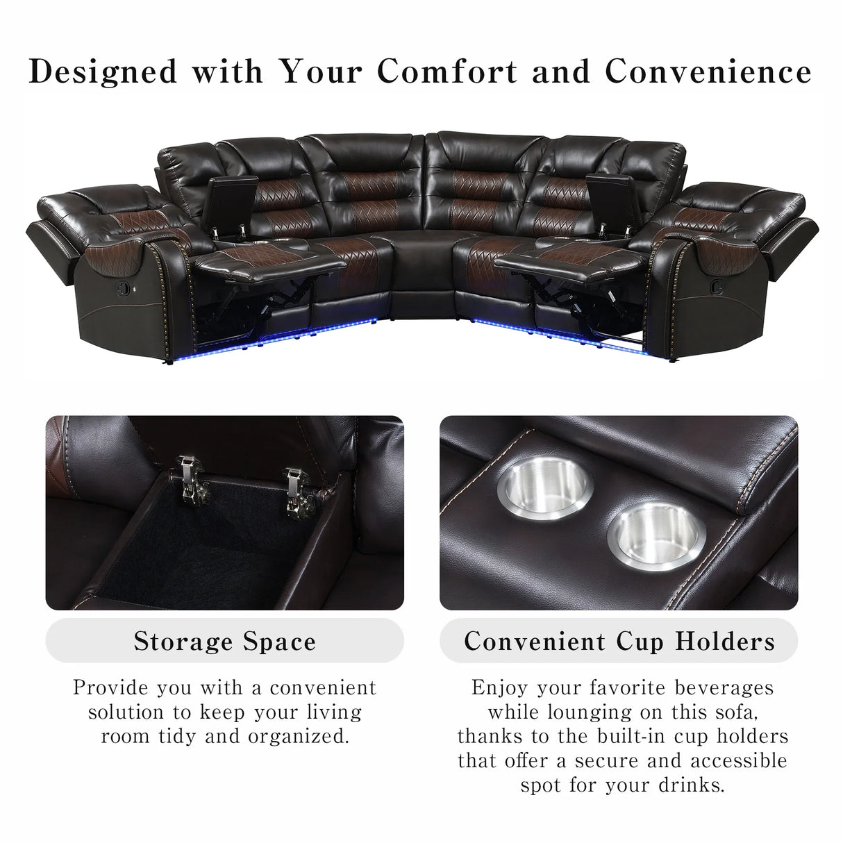 Sectional Sofa with Manual Recline LED Lights Black Brown - Furniture Home Direct