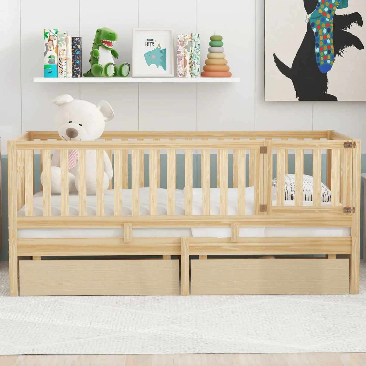 Daybed With Fence Guardrails And 2 Drawers, Split Into Independent Floor Bed & Daybed - Furniture Home Direct