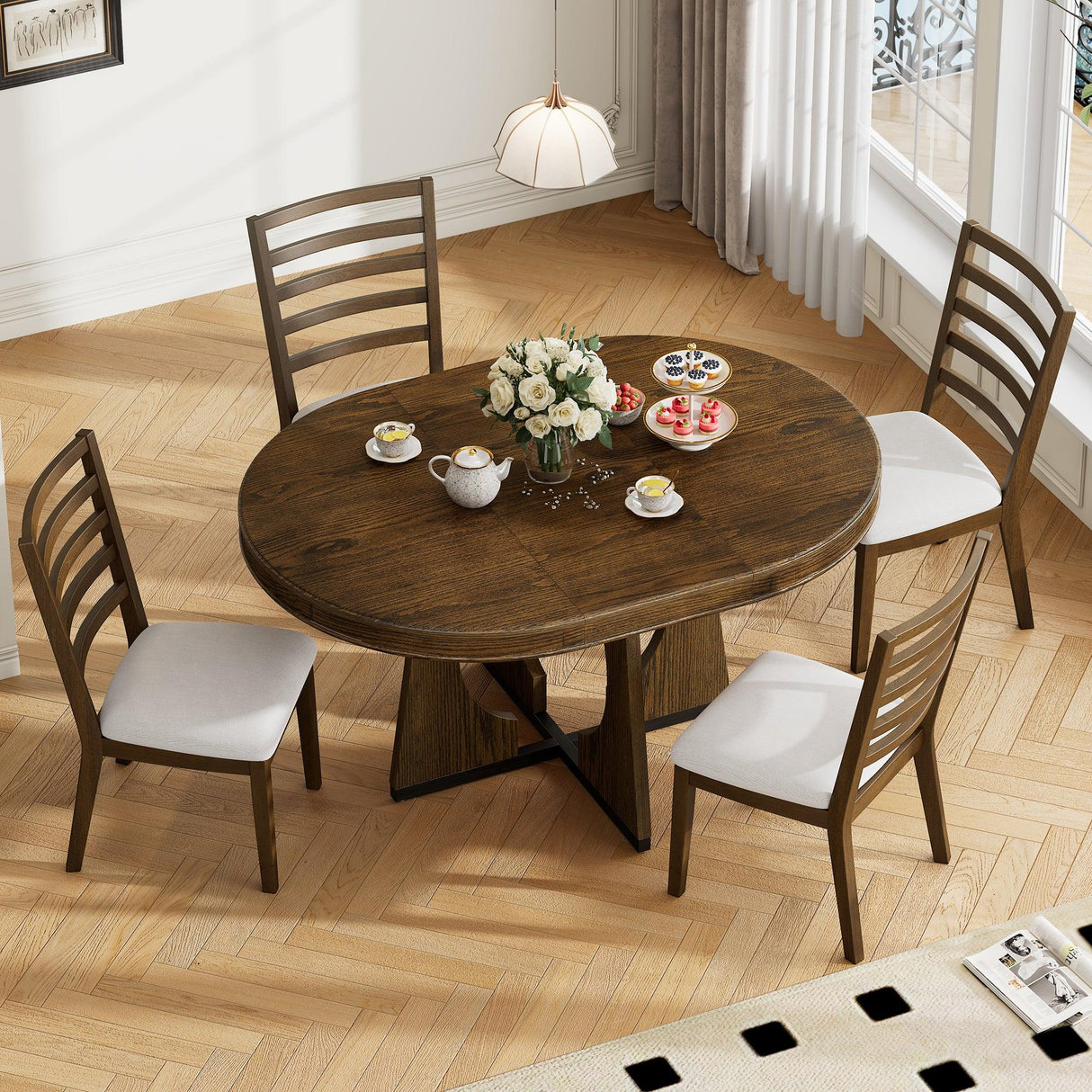 Dining Set Round Table With Four Upholstered Chairs Walnut - Furniture Home Direct