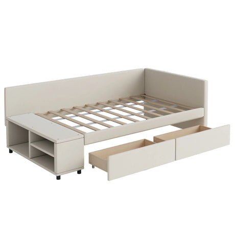 L Shaped Upholstered Platform Bed With Storage And Drawers - Furniture Home Direct