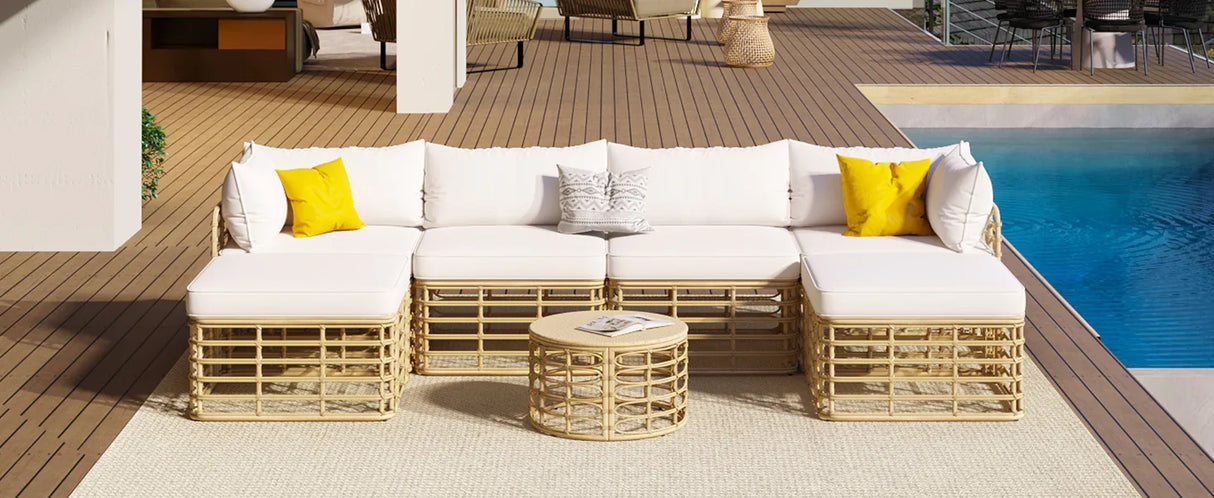 7 Piece Outdoor Patio All-Weather Rattan Sectional Sofa Set With Thick Cushions And Pillows - Beige - Furniture Home Direct