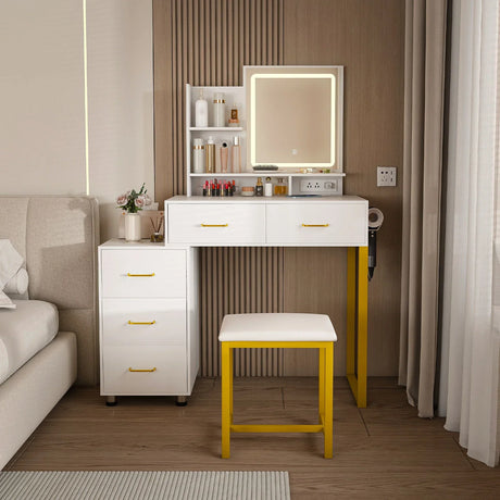 Elegant Makeup Vanity With Led Lights & Power Outlet - White - Furniture Home Direct