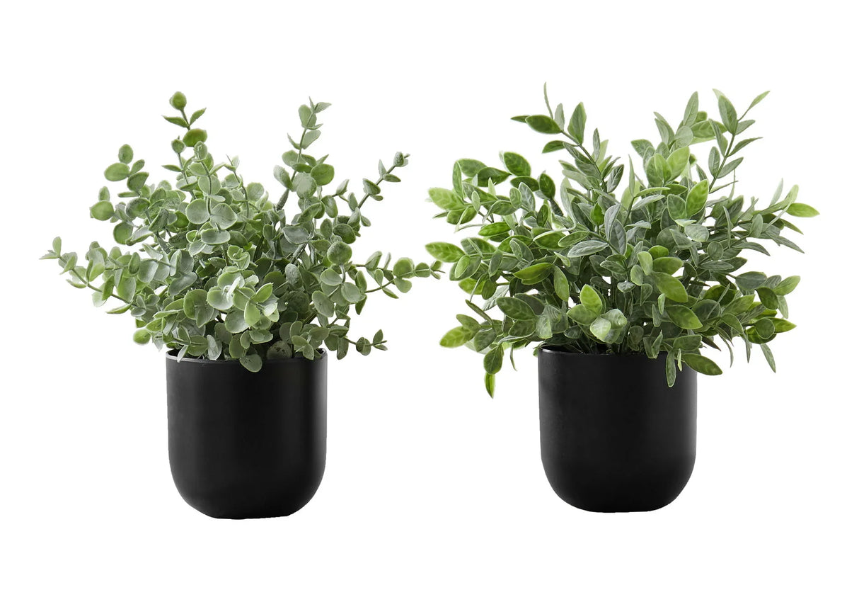 11" Tall, Artificial Plant, Eucalyptus Grass, Indoor, Faux, Fake, Table, Greenery, Potted, Decorative (Set of 2) - Green / Black - Furniture Home Direct