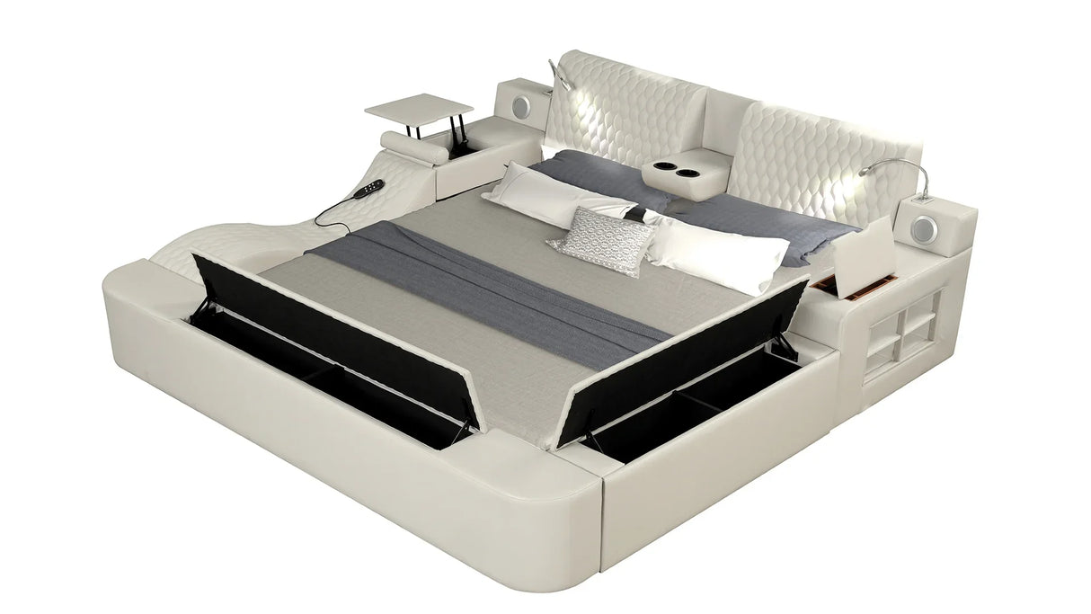 Queen Bed Upholstered Platform with Built in Lighting Beige - Furniture Home Direct