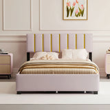 Upholstered Platform Bed With 2 Drawers And 1 Trundle, Classic Strip Headboard Design - Furniture Home Direct