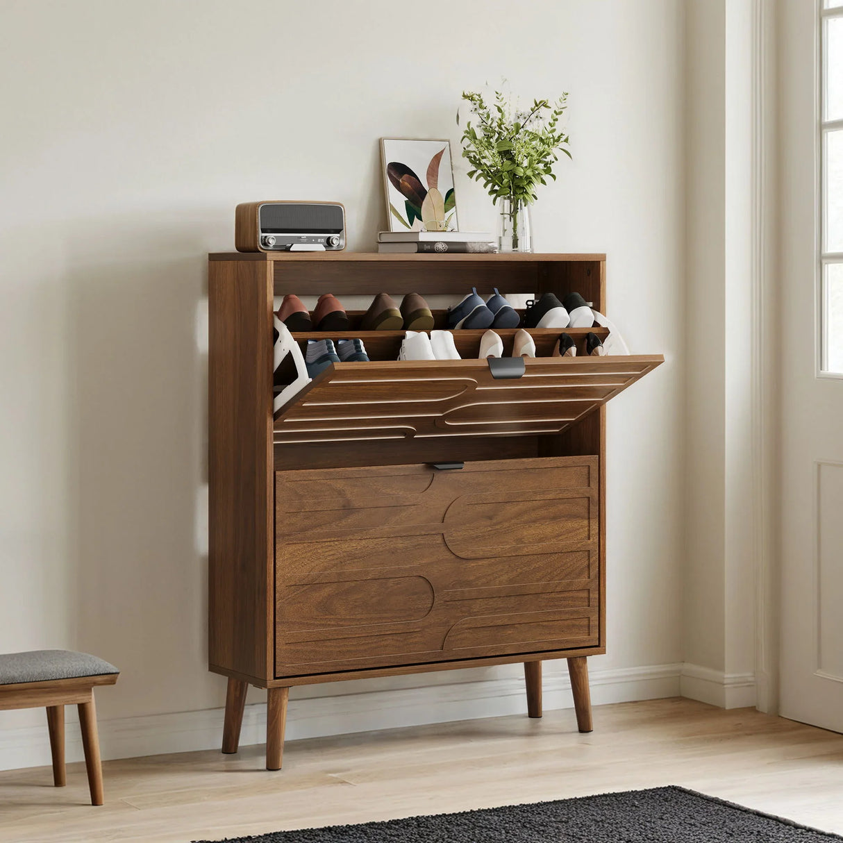 Medieval - Independent Shoe Cabinet With 2 Flip Drawers - Walnut - Furniture Home Direct