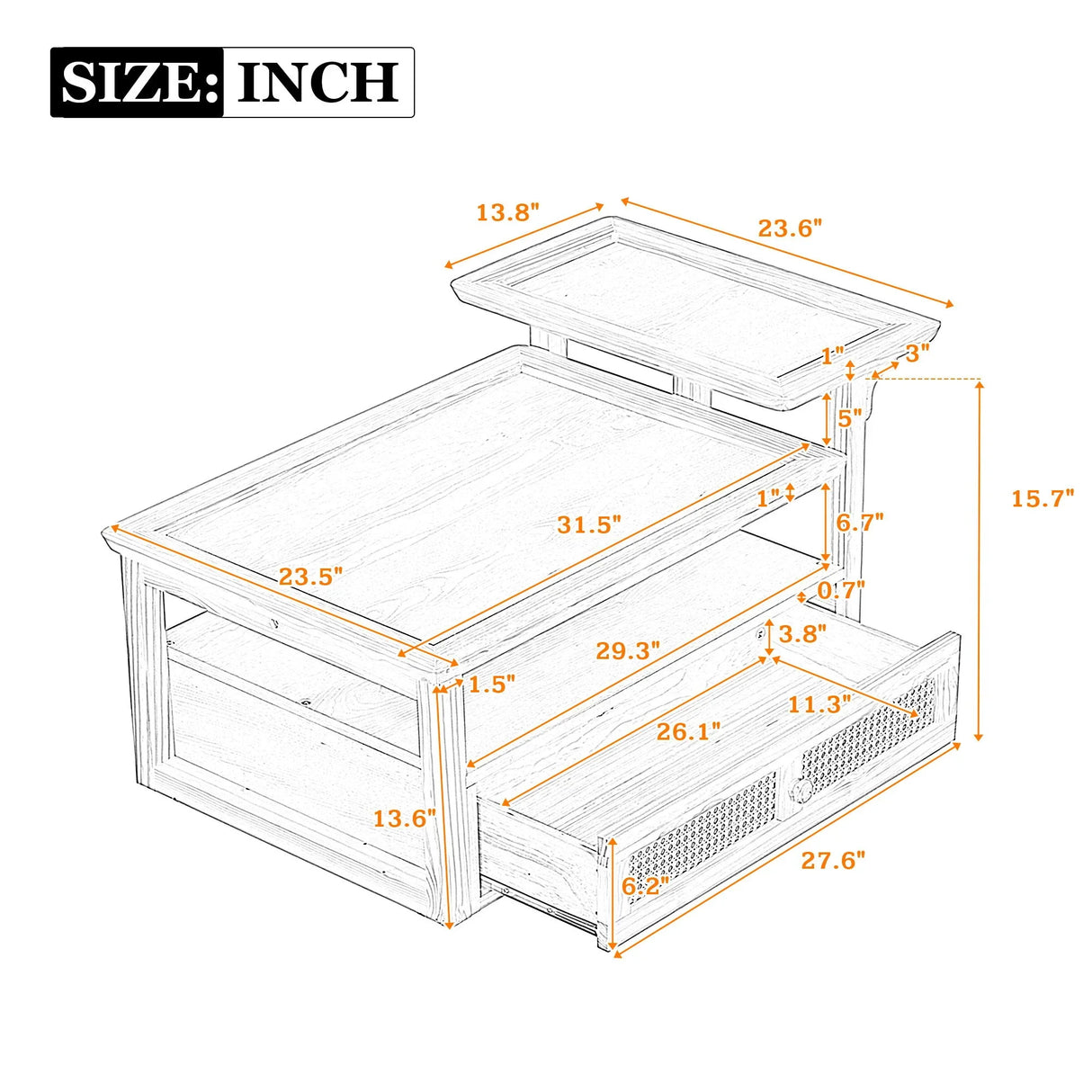 Coffee Table With 1 Storage Shelf, 2 Tabletops And 1 Rattan Drawer - Furniture Home Direct