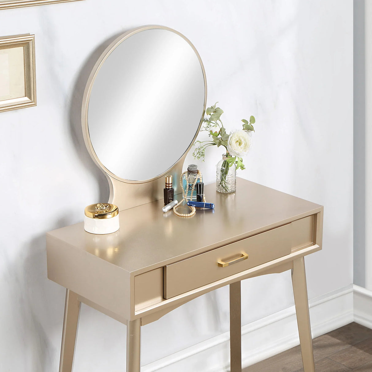 Maly - Contemporary Wood Vanity And Stool Set - Gold - Furniture Home Direct