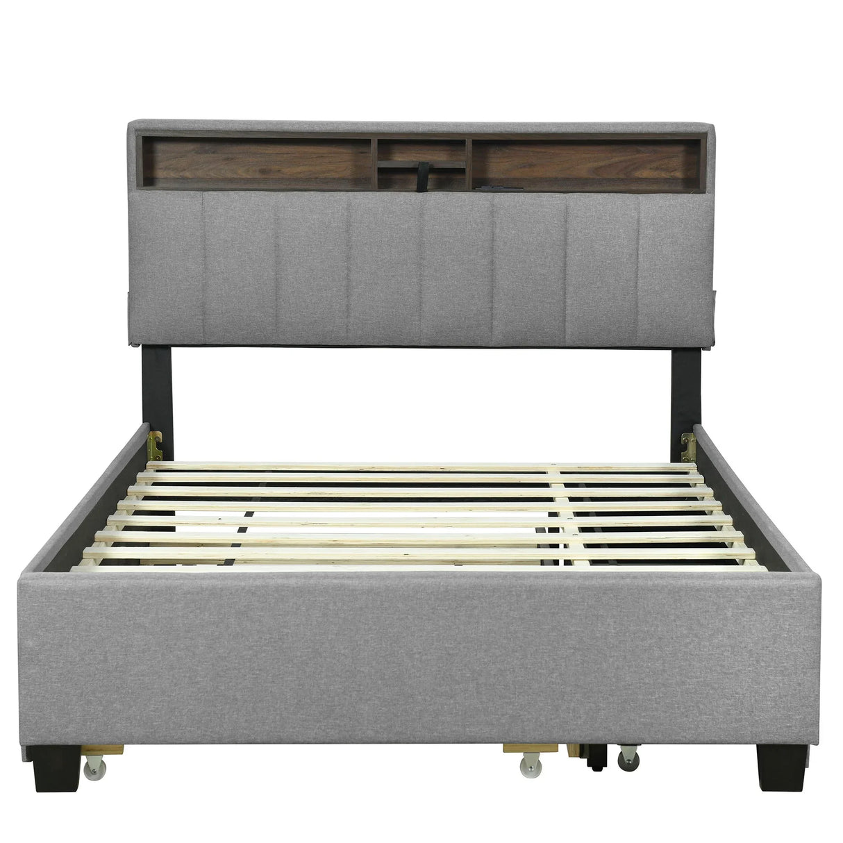 Upholstered Platform Bed With Storage Headboard, Trundle & 2 Drawers And A Set Of Sockets & USB Ports - Furniture Home Direct