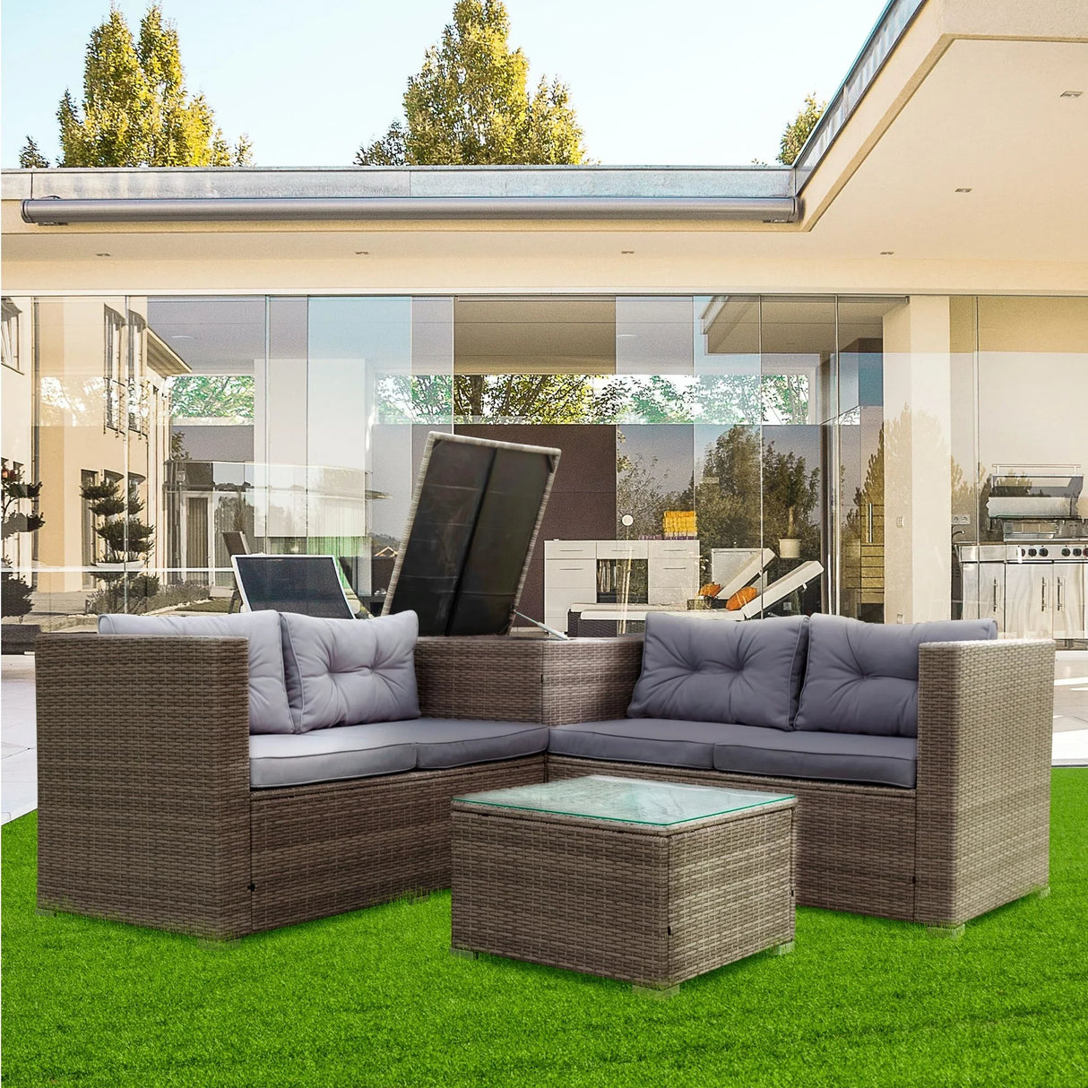 4 Piece Patio Sectional Wicker Rattan Outdoor Furniture Sofa Set With Storage Box - Furniture Home Direct