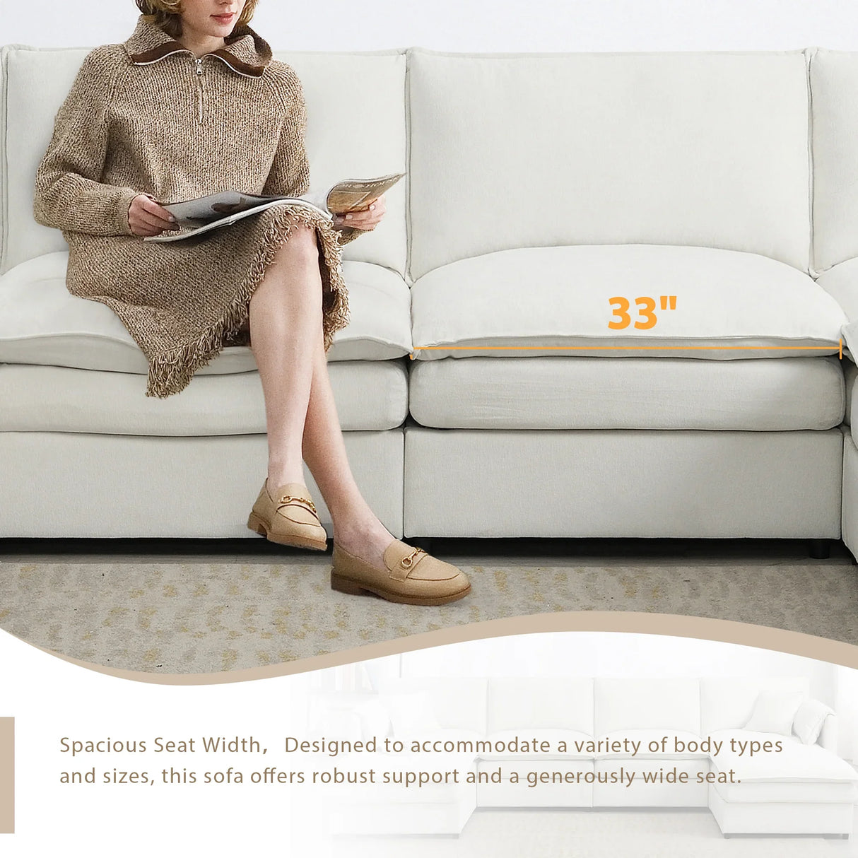 Sectional Sofa Chenille L Shaped Living Room Comfort Cream - Furniture Home Direct