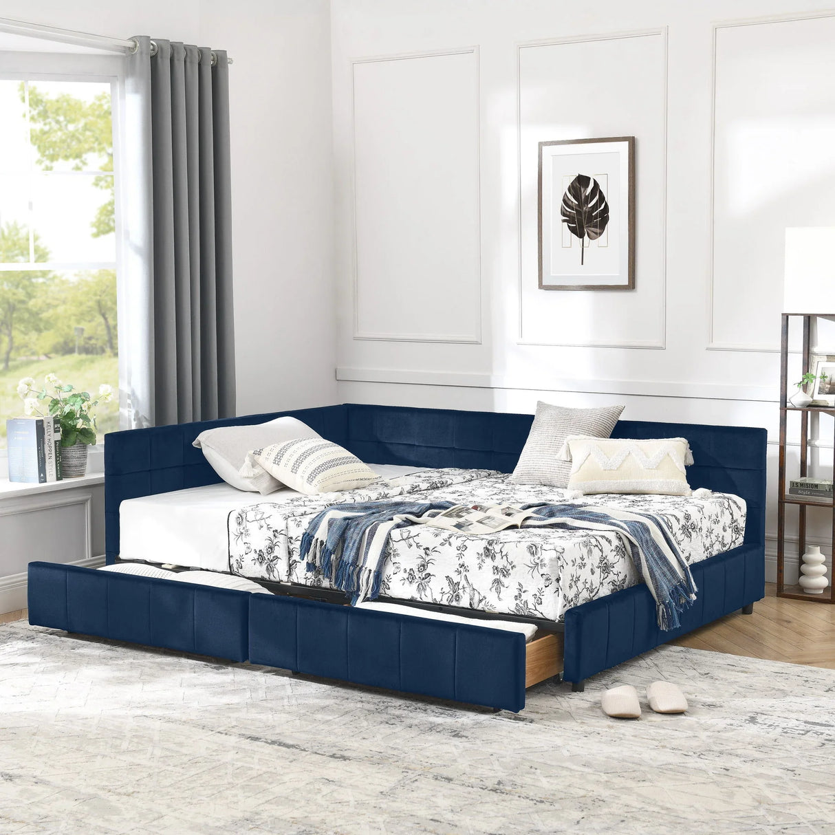 Mid-Century Storage Upholstered Tufted Bed Frame With Backrest And Armrests - Furniture Home Direct