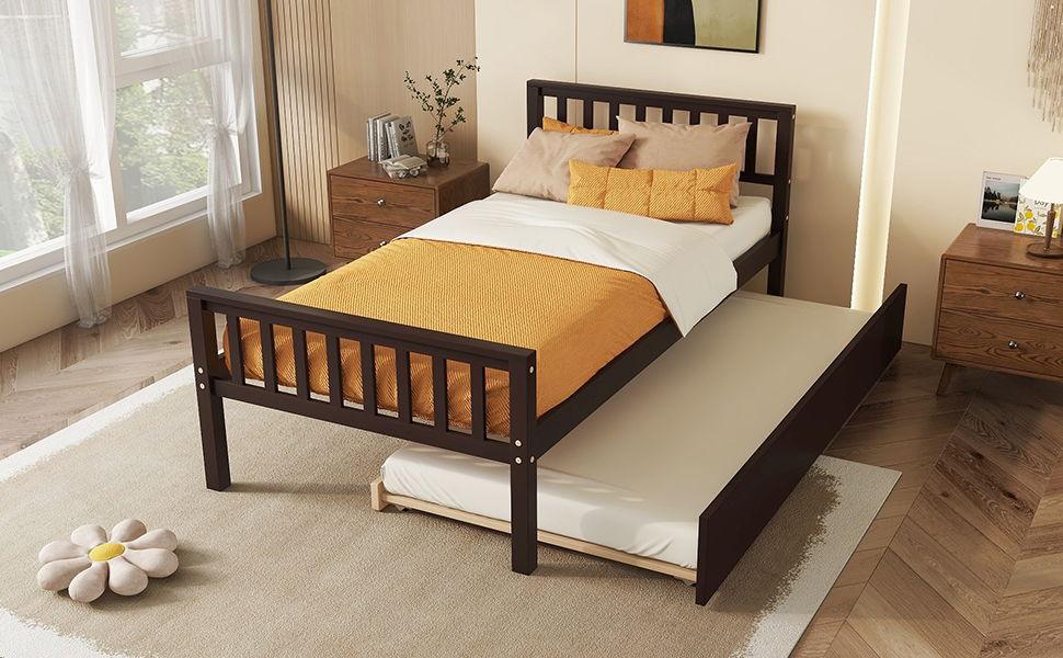 Twin Bed With Trundle, Platform Bed Frame With Headboard And Footboard, For Bedroom Small Living Space, No Box Spring Needed - Furniture Home Direct