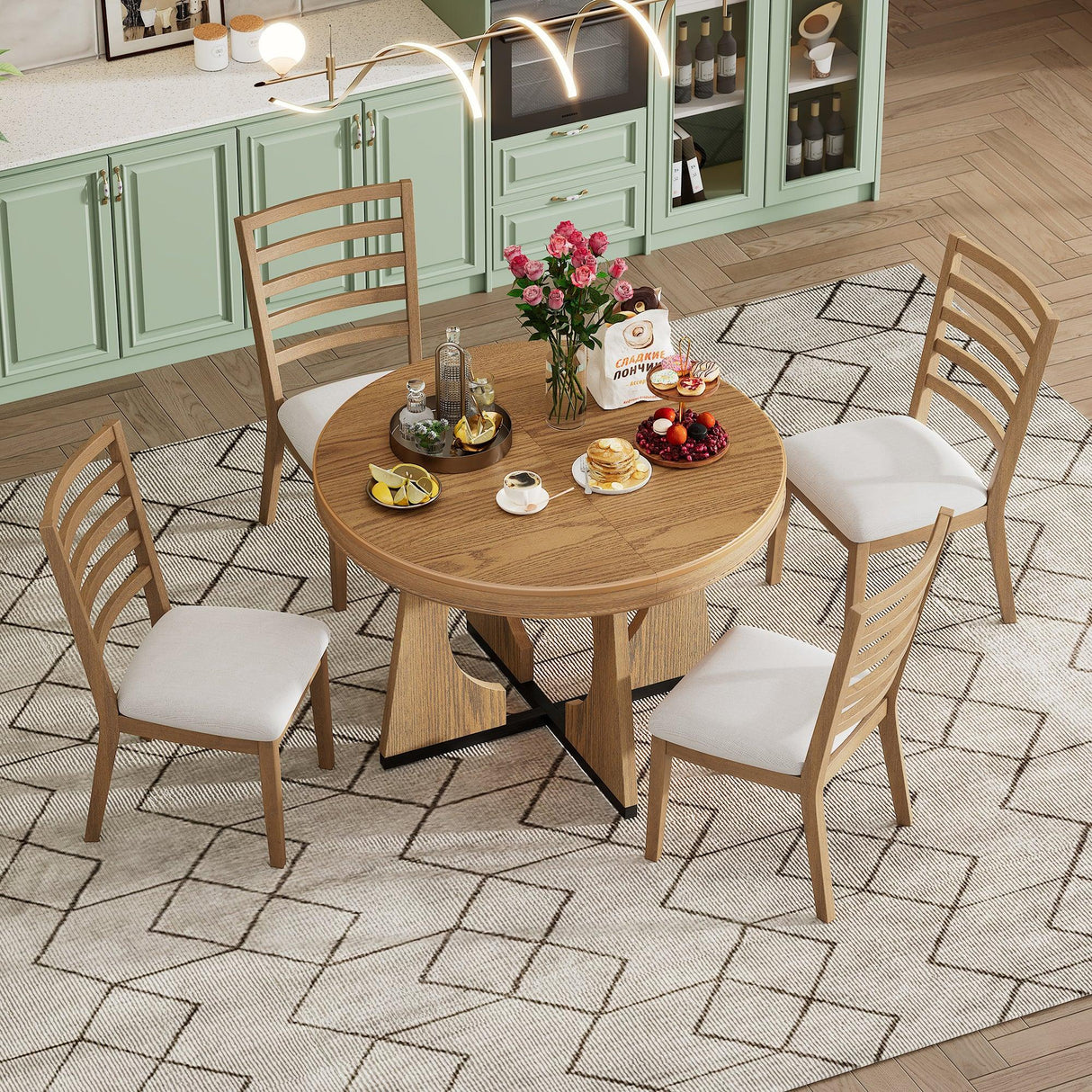 Dining Set Round Wood Table With Ladder Back Chairs Natural - Furniture Home Direct