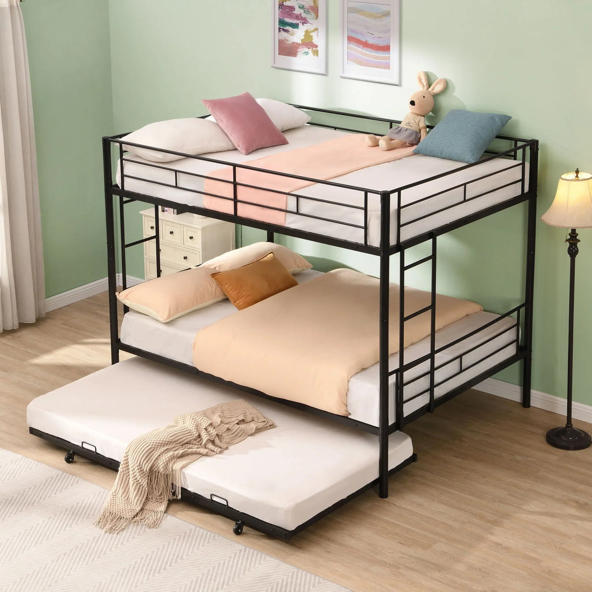 Full Over Full Modern Metal Bunk Bed With Trundle - Black - Furniture Home Direct