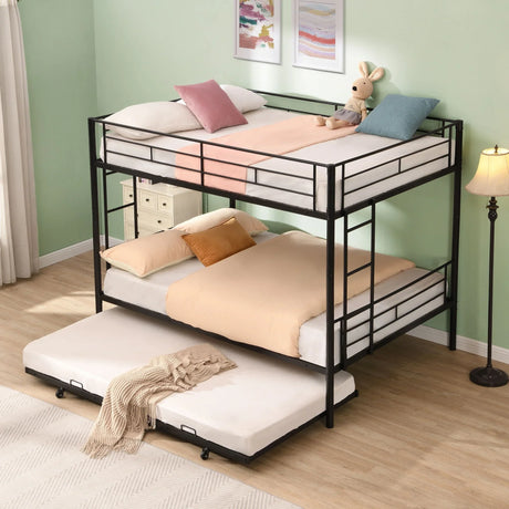 Full Over Full Modern Metal Bunk Bed With Trundle - Black - Furniture Home Direct