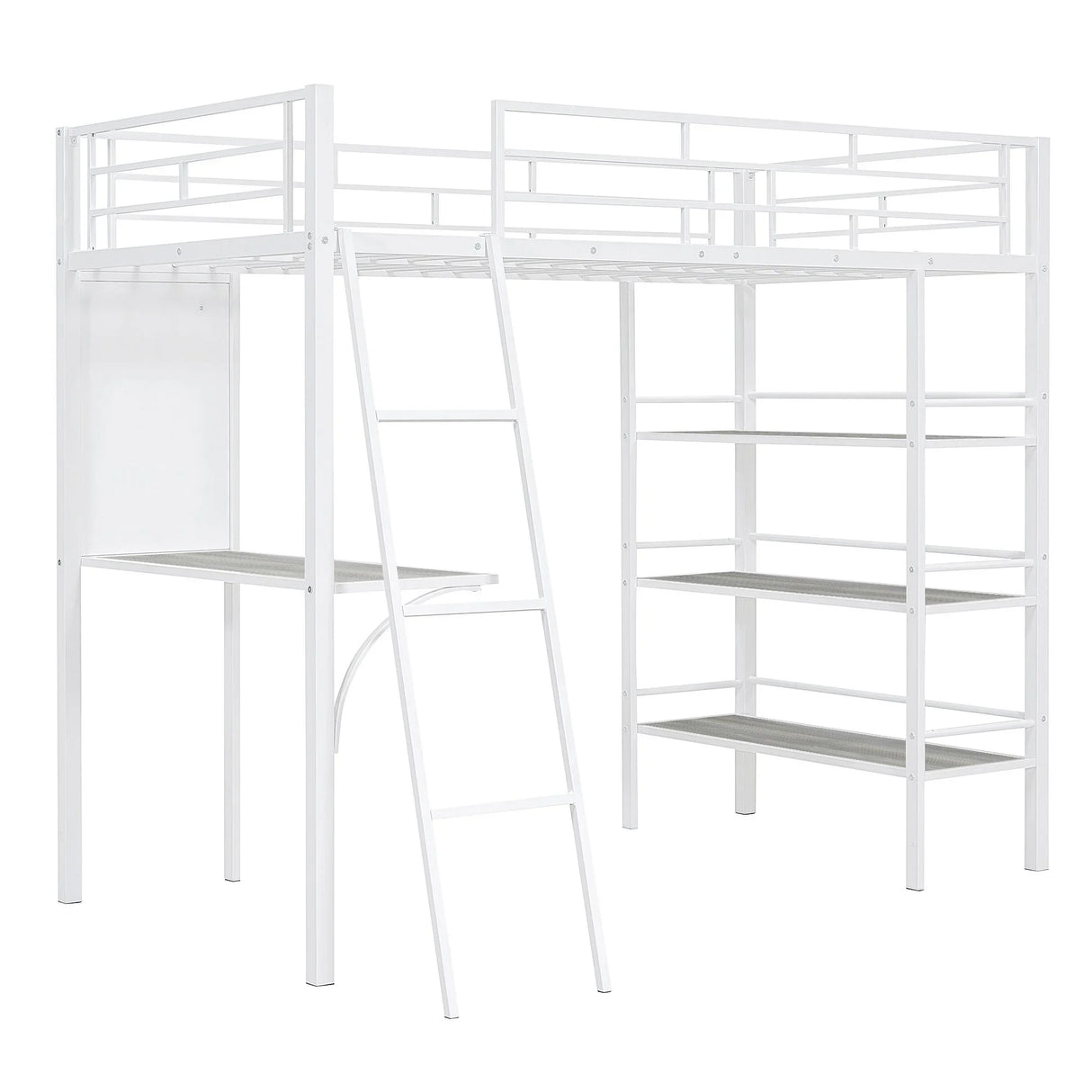Loft Metal Bed With 3 Layers Of Shelves And Desk, Stylish Metal Frame Bed With Whiteboard - Furniture Home Direct