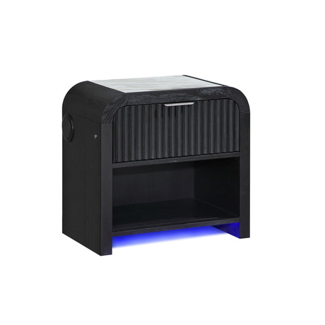 Nightstand with Built-In Speakers, Black White Marble Inlay