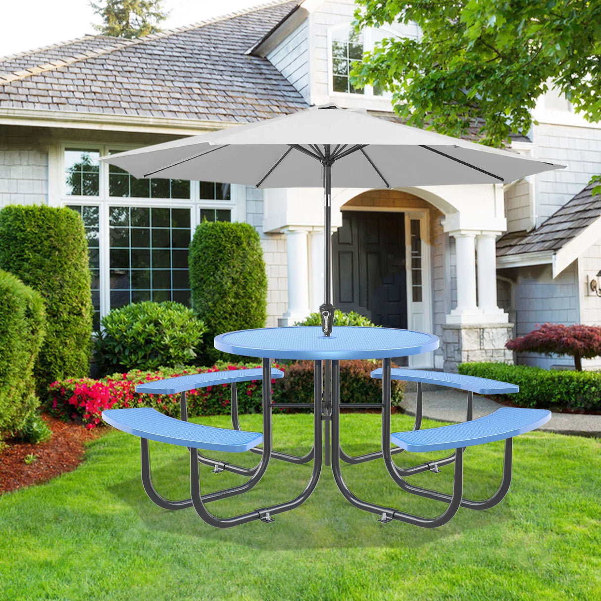 Round Outdoor Steel Picnic Table 46" With Umbrella Pole - Furniture Home Direct