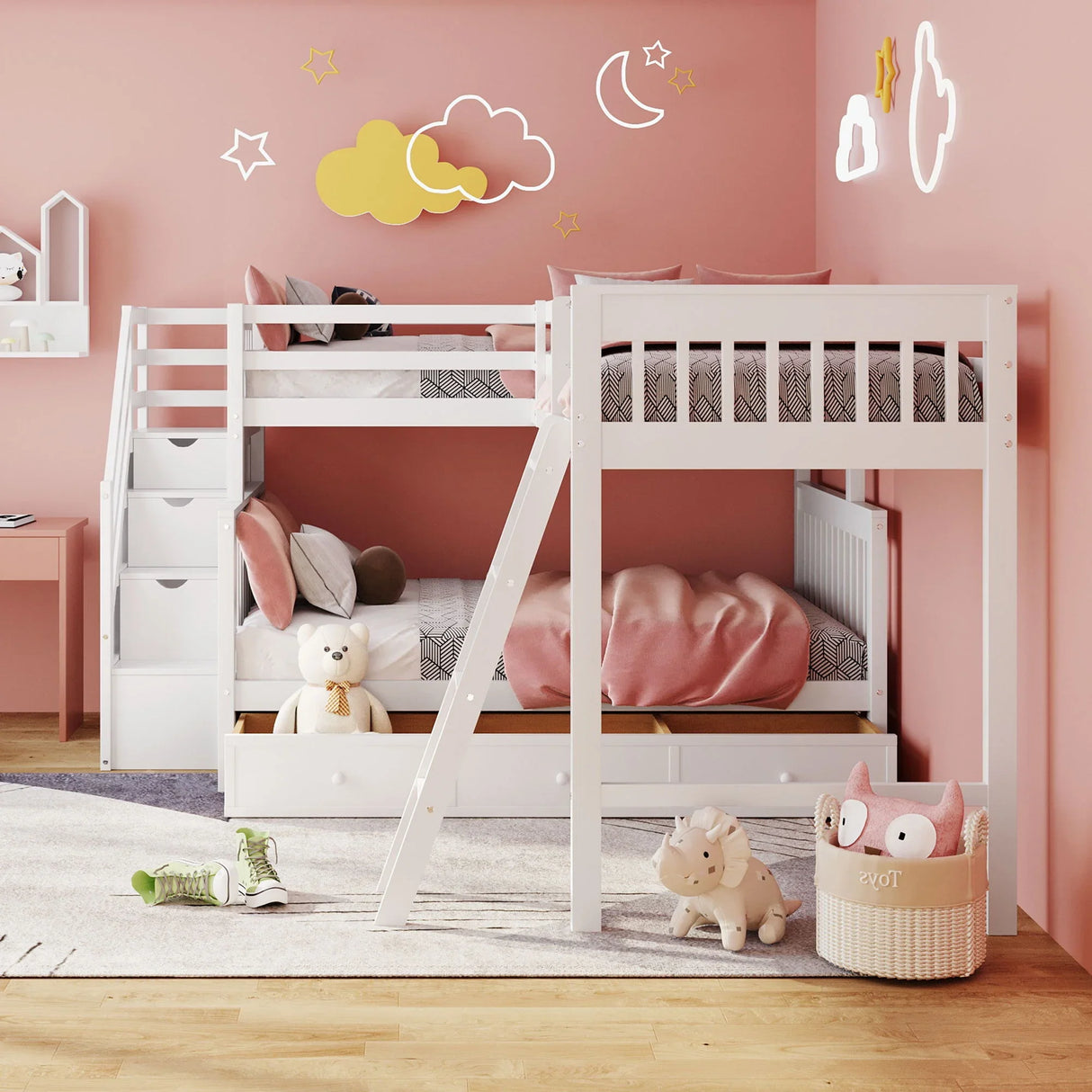 Solid L Shaped Bunk Bed With 3 Drawers, Ladder And Staircase - Furniture Home Direct