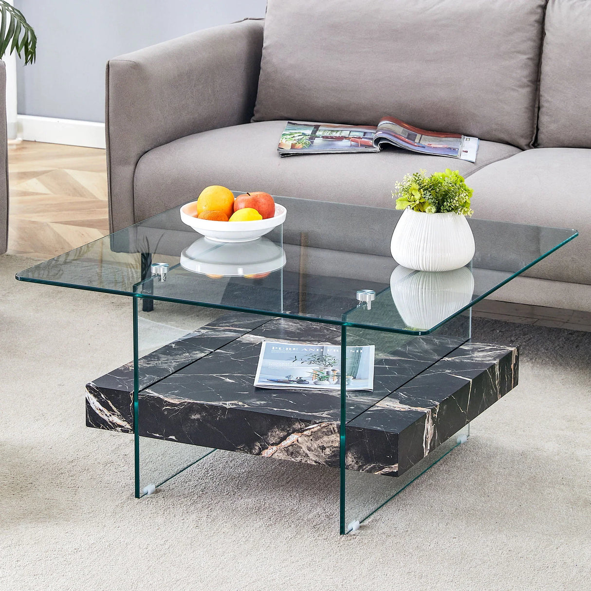 Modern 2 Tier Square Coffee Table, Elegant Marble Pattern - Furniture Home Direct