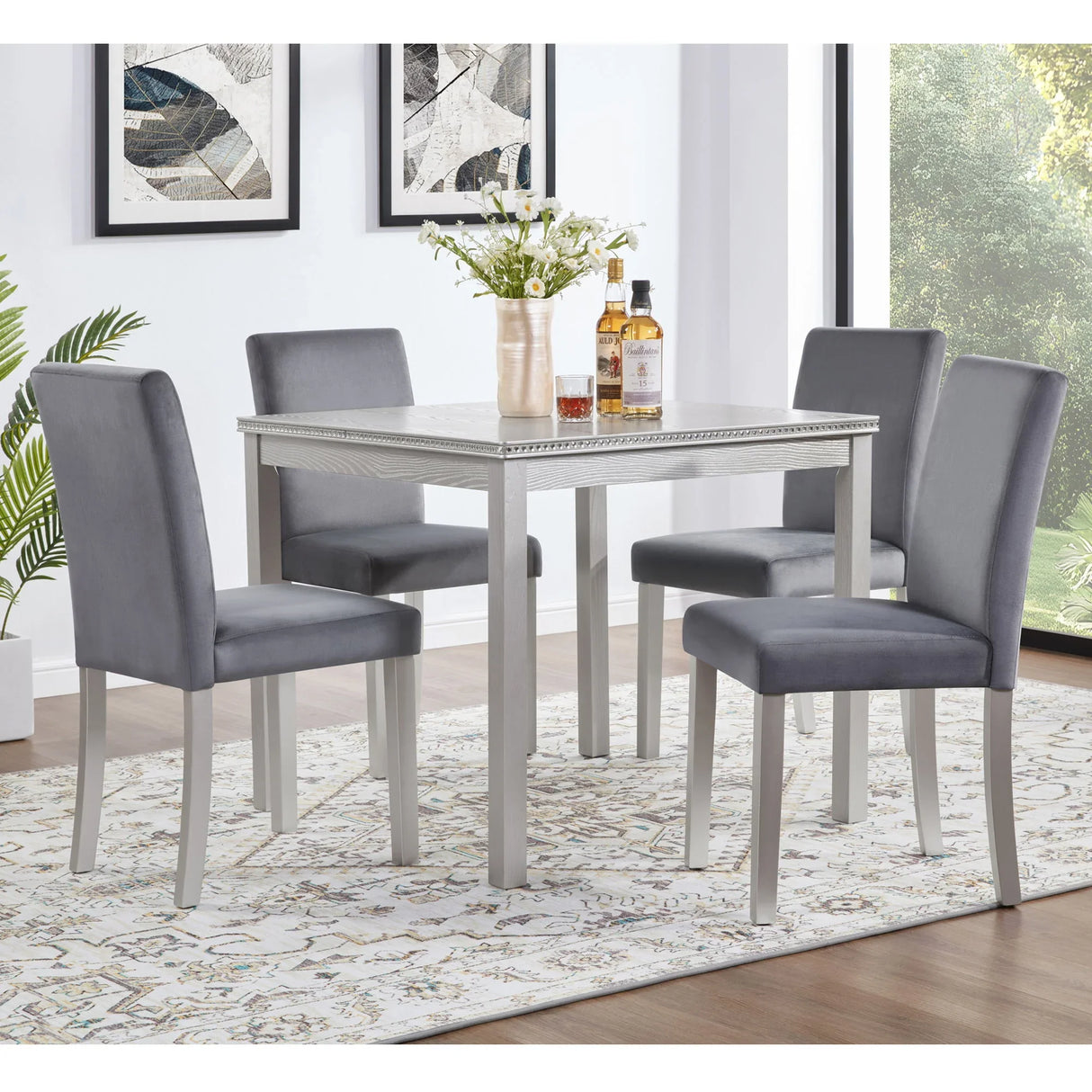 5 Pieces Wooden Dining Table Set, Square Table And 4 Upholstered Chairs - Furniture Home Direct