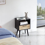 15.75" Rattan End Table With Power Outlet & USB Ports, Modern Nightstand With Drawer And Solid Wood Legs, Side Table For Living Room, Bedroom - Furniture Home Direct