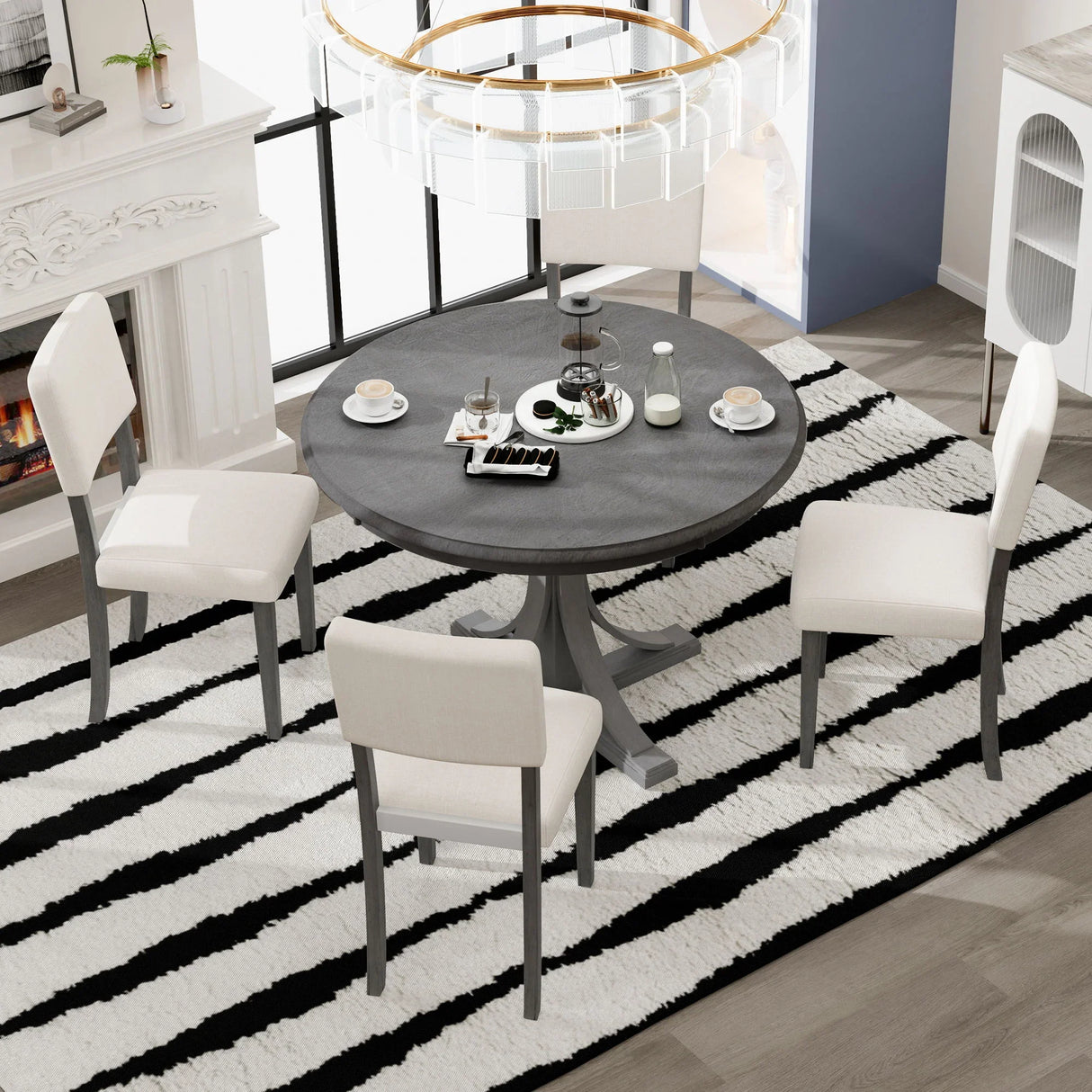 Retro Round Dining Table Set With Curved Trestle Style Table Legs And Upholstered Chairs For Dining Room - Furniture Home Direct
