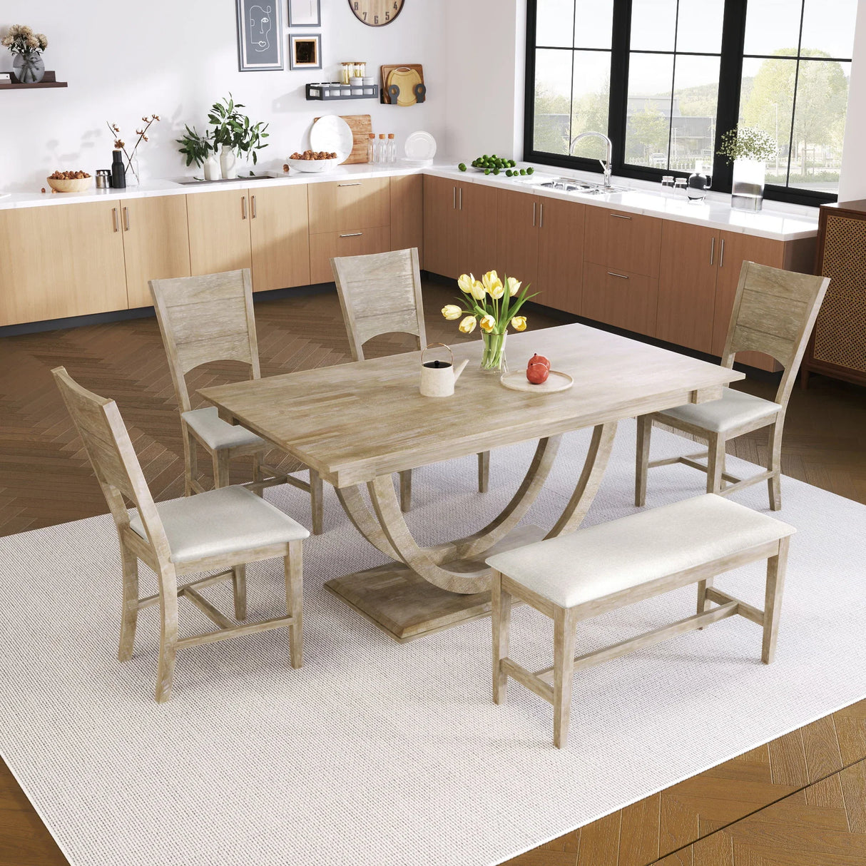 Topmax - 6 Piece Wood Half Round Dining Table Set Kitchen Table Set With Long Bench And 4 Dining Chairs, Modern Style - Furniture Home Direct