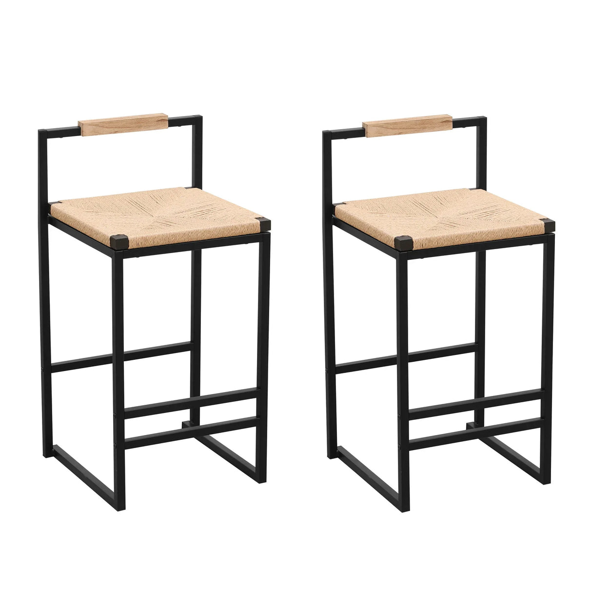 Stylish (Set of 2) Bar Stools With Backrest And Paper Rope Woven Seat, Counter Height Dining Chairs For Kitchen - Natural - Furniture Home Direct