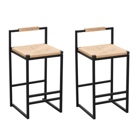 Stylish (Set of 2) Bar Stools With Backrest And Paper Rope Woven Seat, Counter Height Dining Chairs For Kitchen - Natural - Furniture Home Direct