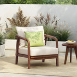 Outdoor Lounge Chair With Woven Backrest, Solid Wood Frame, Comfortable Cushions