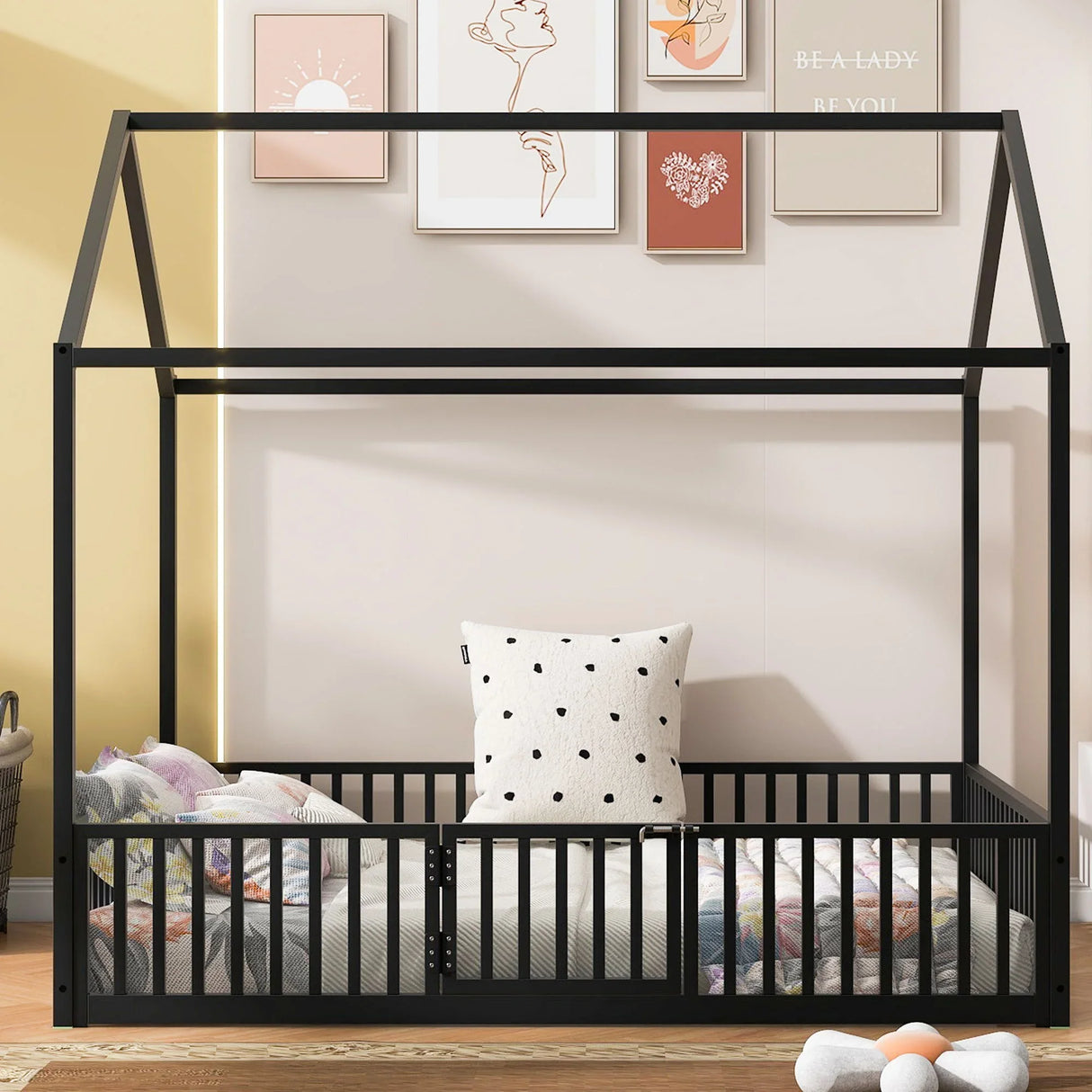 Metal House Bed With Fence And Door - Furniture Home Direct
