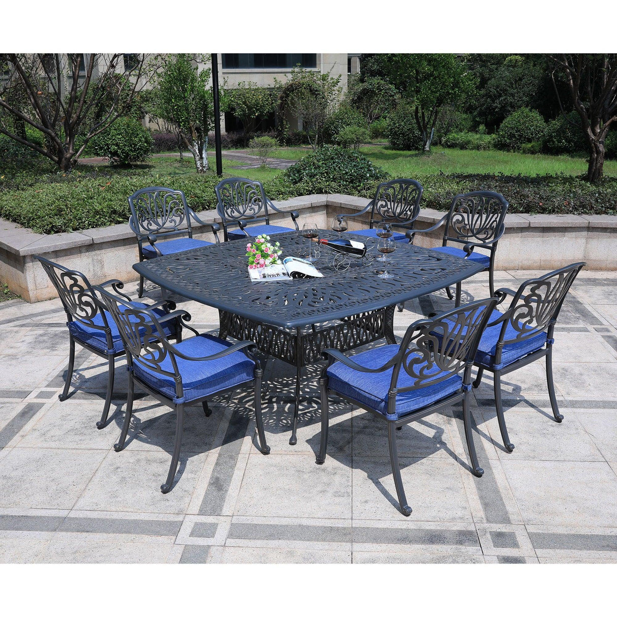 Square 8 Person 64" Long Aluminum Dining Set With Cushions - Furniture Home Direct