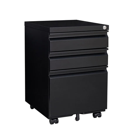 Contemporary Black 3 Drawer Mobile Filing Cabinet With Lock, Metal Office Storage For Legal / Letter Size - Furniture Home Direct
