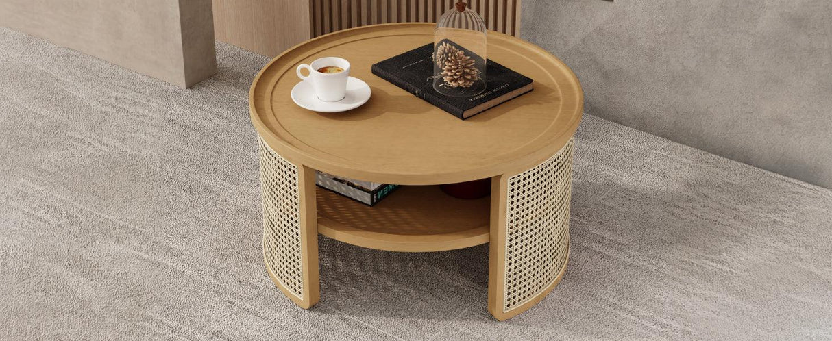 Round Coffee Table With Storage Caned Sides Natural - Furniture Home Direct