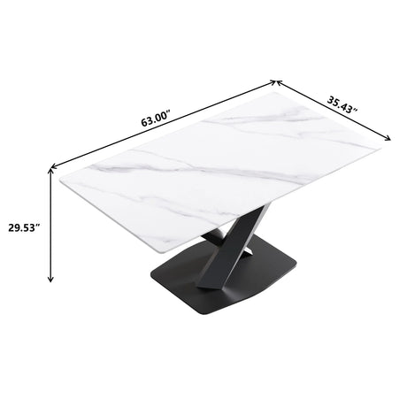 63" Modern Artificial Stone Straight Edge Metal X-Leg Dining Table, 6 People - White / Black - Furniture Home Direct