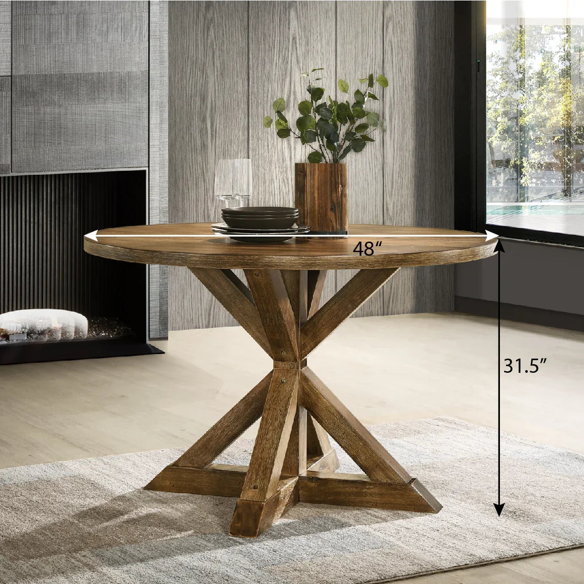 Dining Set Round Solid Wood Table Crossback Chairs Brown - Furniture Home Direct